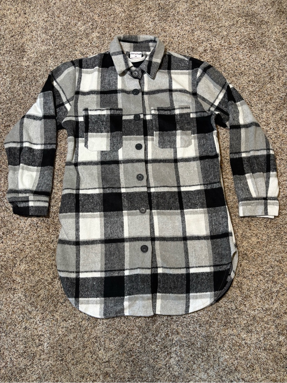 300. Love in Faith Black & Gray Plaid Button-Up Shacket, Size M
